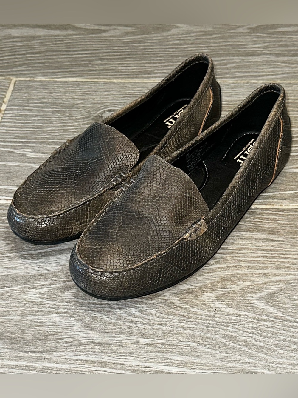 Born Charcoal Python Print Leather Women’s 8 Slip-On Driving Flats Comfort Shoes
